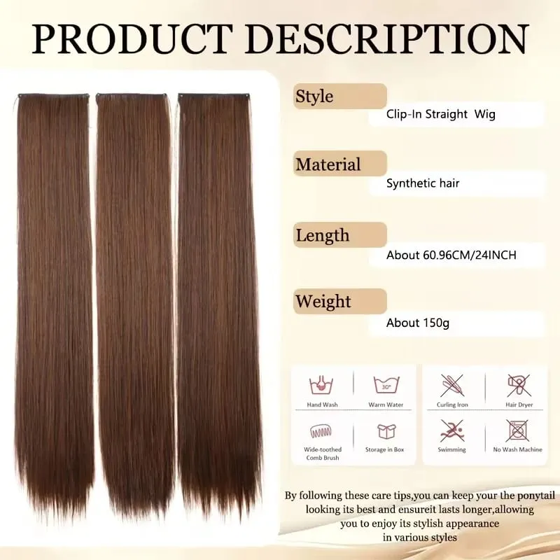 24Inch Synthetic Long Straight 3pcs/set Hair Extension Invisible Hair Thickening Hairpiece for Women Daily Use