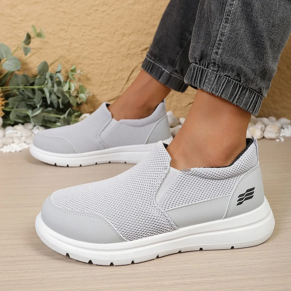 Men's slip-on hollow mesh walking loafers spliced smooth toe overlay dual elastic side gussets block segmented white outsole d