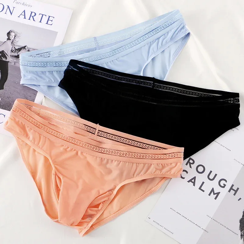 New Men's Ice Silk Briefs Ultra-thin Quick Dry High Elastic Lace Waistband Panties Sexy Seamless Breathable Bikini Underwear — image 3