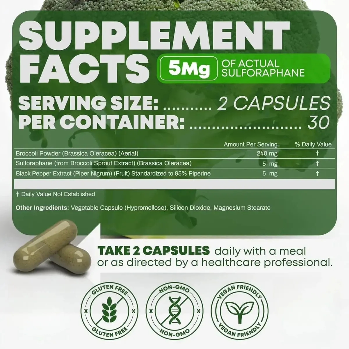 5 000mcg Sulforaphane From Broccoli Seed Extract Vegan Capsules with Myrosinase Immune Support 2-Capsule Serving 60 Count