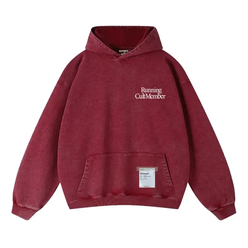 Elf-Adhesive SATISFY Flocking Print Hoodie Sweatshirt Jacket Street Style Loose Fit Long Sleeve for Young Men And Women