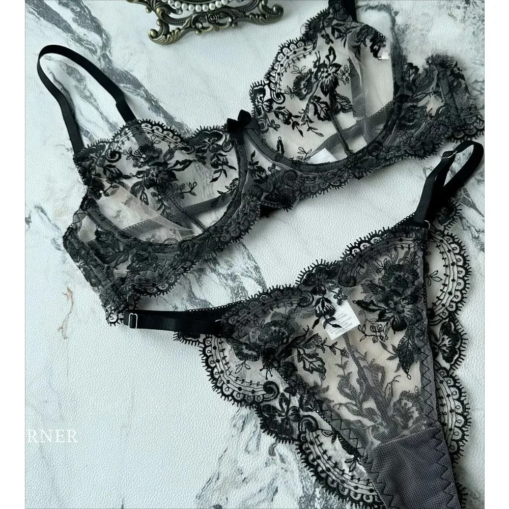 Sexy Transparent Lace Bra French Embroidery Thin Push‑Up Gather Bra For Men Crossdresser Sheer Lingerie Underwear