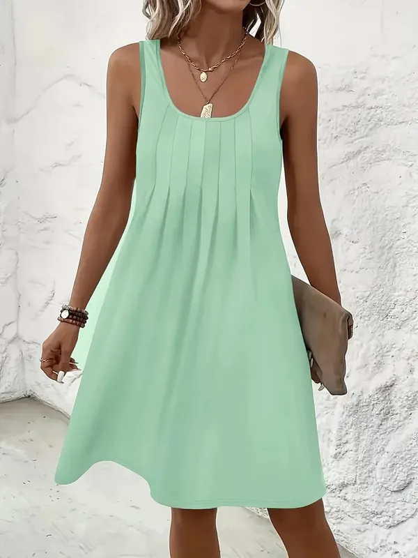 2026 New Casual Women Tank Dresses U Neck Front Pleated Loose Swing Mini Dress Solid Color Soft Summer Beach Daily Wear Robes