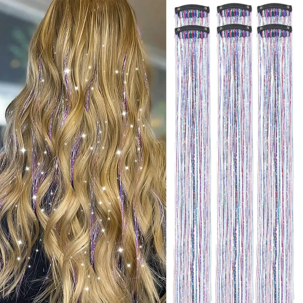 6/12Pas Synthetic Hair Tinsel Clip in 20Inch Glitter Tinsel Hair Clip in Hair Tinsel Kit Heat Resistant Shiny Sparkle Fairy Hair