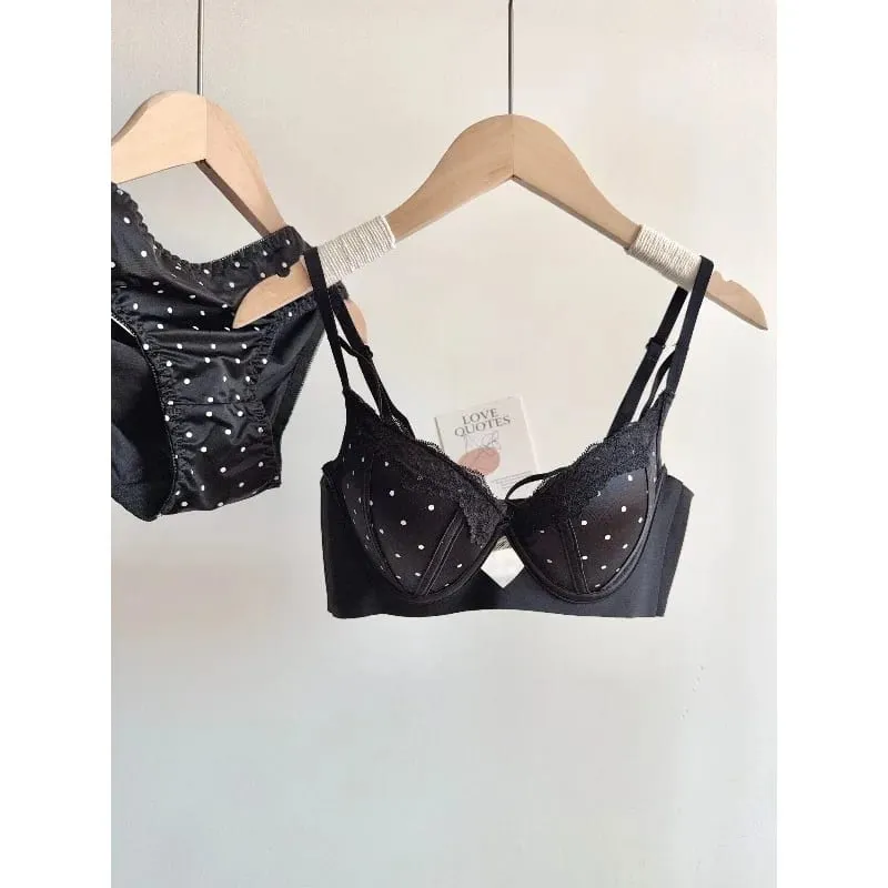 Women Sexy French Lace Push Up Bra Set Polka Dot Small Cup Shaping Sweet Lingerie Breathable Underwear Daily Dating Nightwear