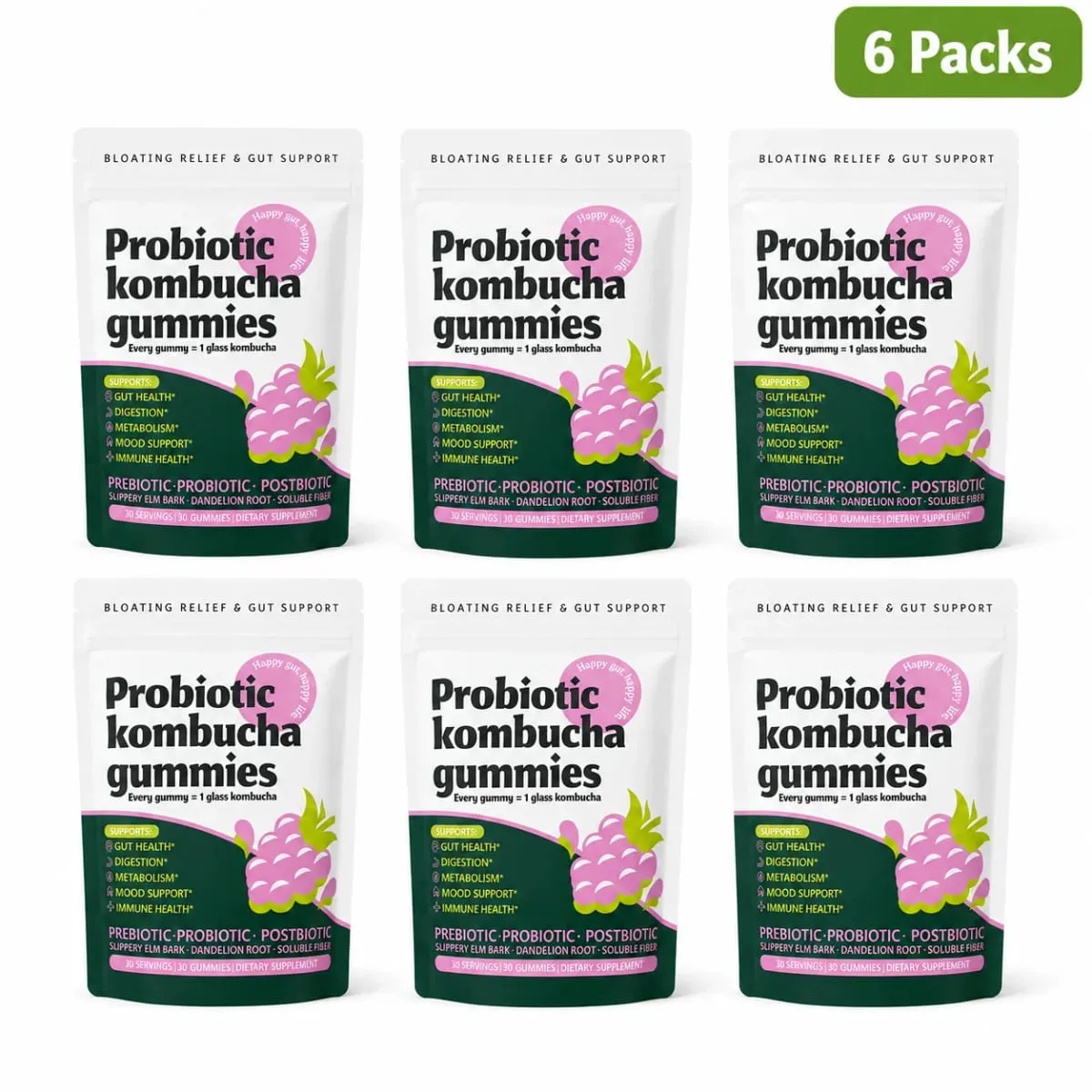 Probiotic Kombucha Gummies Berry 30 Ct Prebiotic Postbiotic Gut Health Digestion Bloating Relief Immune Vegan Non-GMO Supplement