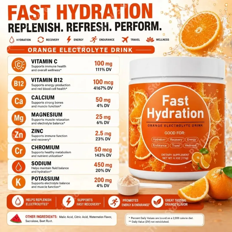 Watermelon Electrolyte Drink Powder with Sodium Potassium Magnesium Calcium Vitamin C B12 30 Servings Daily Hydration Support