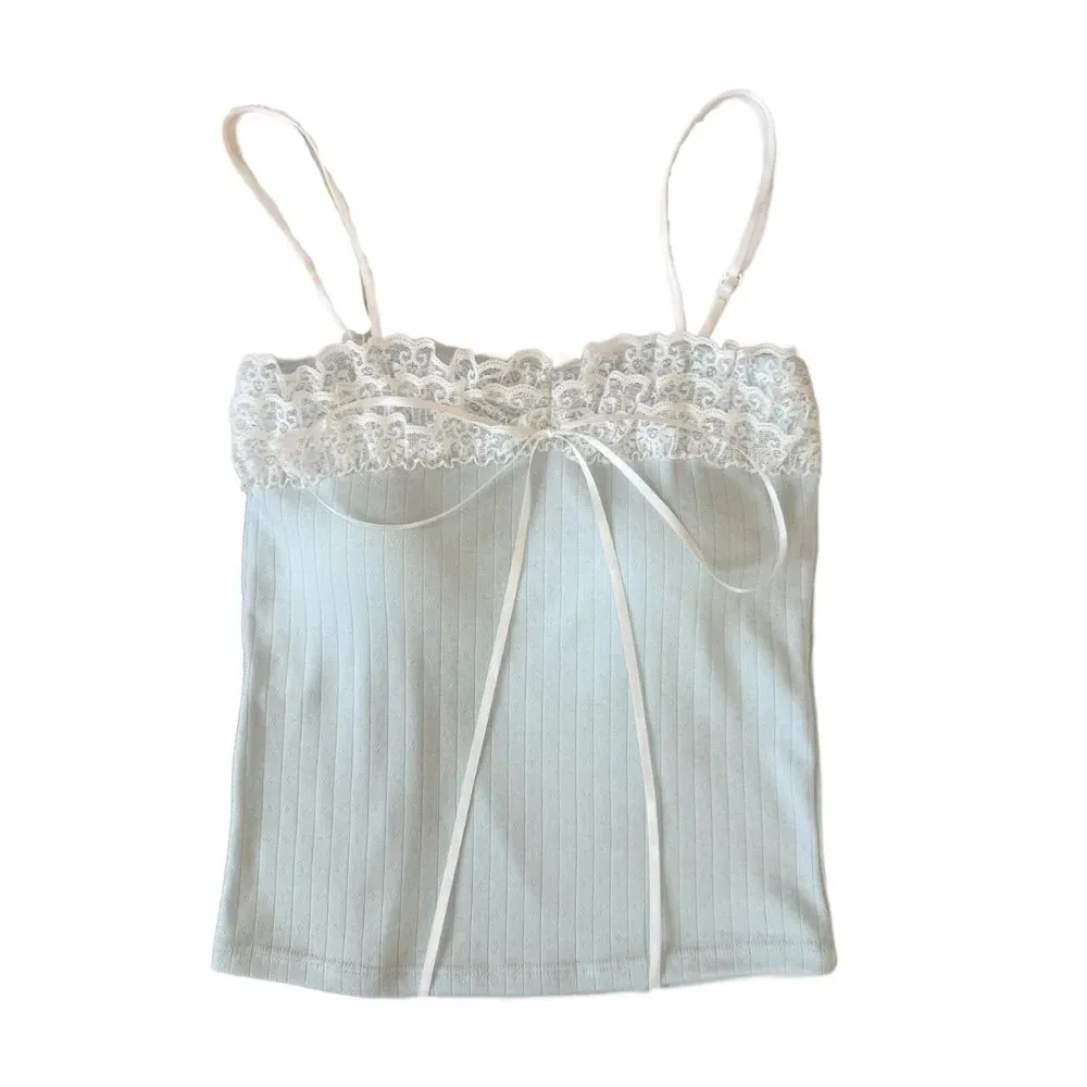 Korean Style Bow Slim Lace Crop Top Sweet Summer Girl's Vest Top Bottoming Shirt Spice Girls Style Camisole with Pads Lady