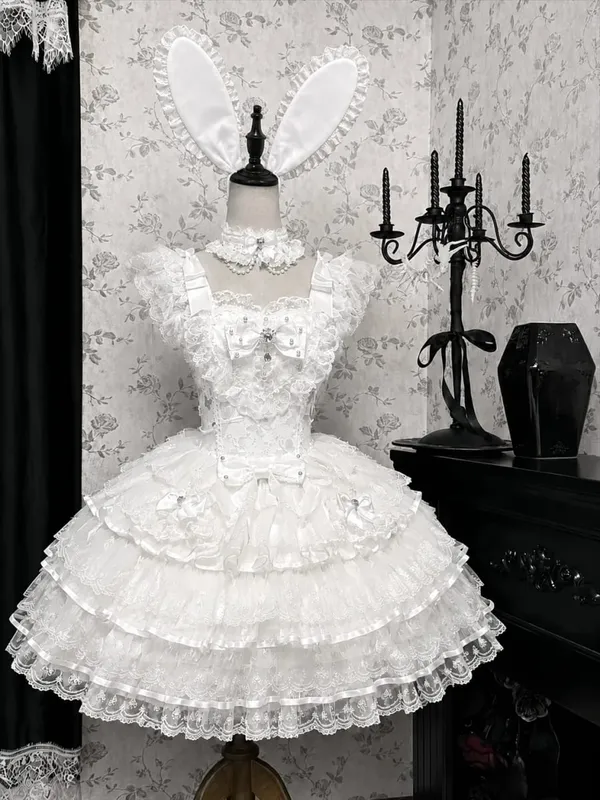 Y2K Sweet Lolita Jks Strap Dress Women Solid Ruffle Lace Bow Patchwork Kawaii Princess Ball Gown Knee-Length Elegant Party