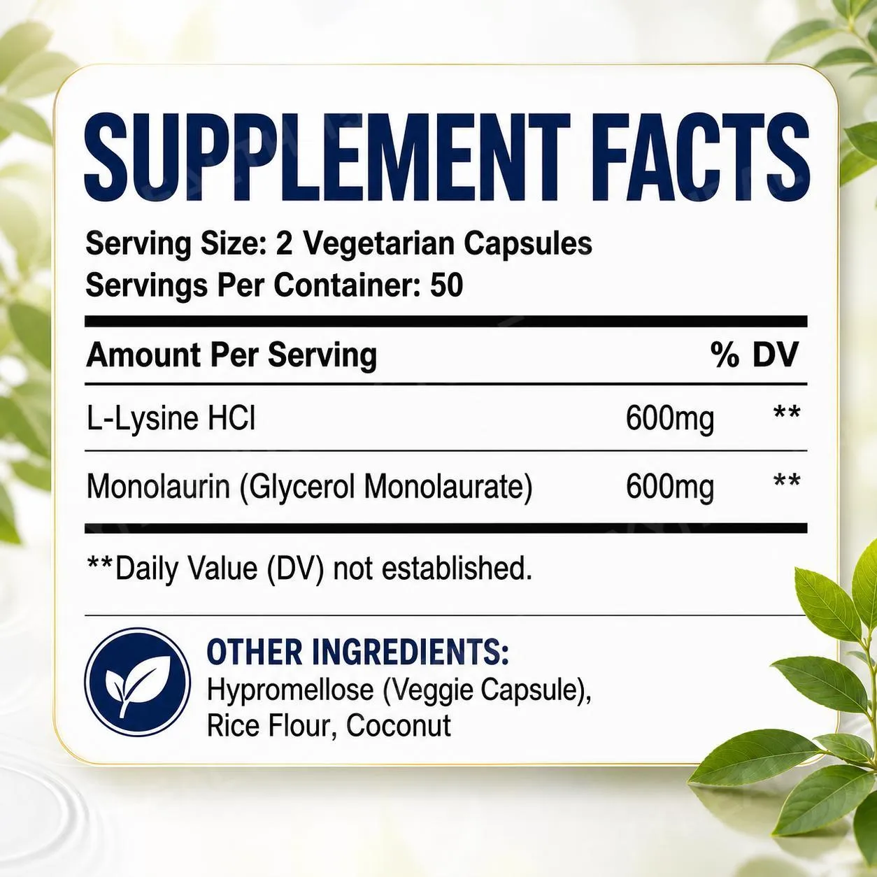 L-Lysine HCl & Monolaurin 1:1 Ratio Capsules Immune Wellness Daily Defense and Balance Support 600 mg Each 100 Count