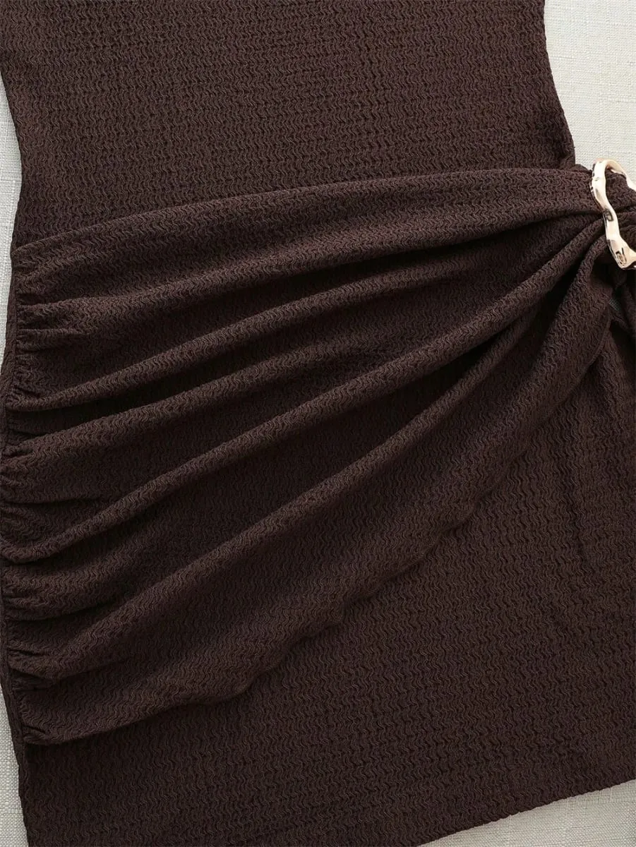Women's Elegant Texture Fabric Pleating Waist Sice Ribbon Slim Fit Mini Dresses Casual Metal Buckle Solid Color Dress Summer