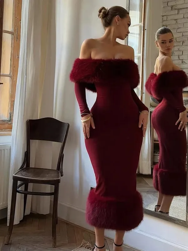 Strapless Faux Fur Patchwork Dress Women Sexy Off-shoulder Full Sleeve Cinched-waist Bodycon Dresses Lady Party Evening Gown — image 2