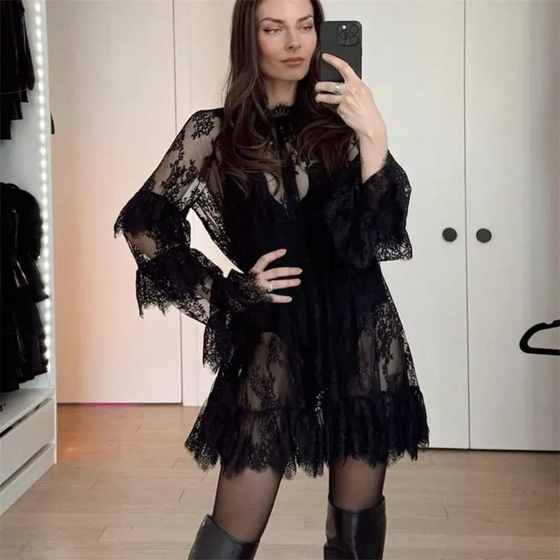 Women's See Through Lace Dress Long Sleeve Crew Neck Casual Loose Sheer Dress Vacation Beach Cocktail Mini Dresses — image 4