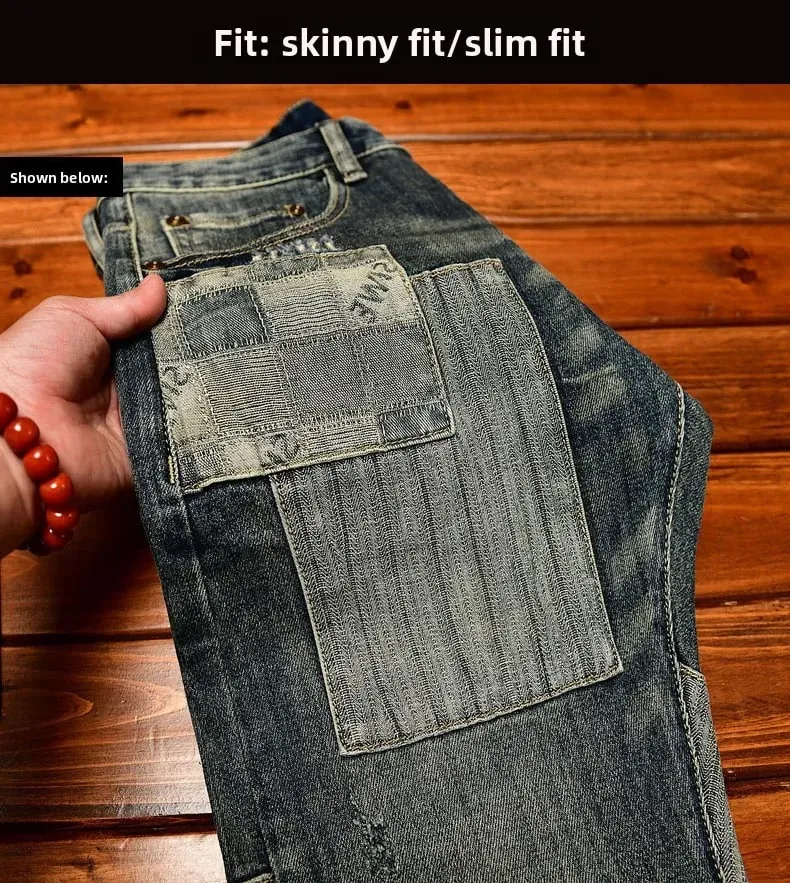 Retro and nostalgic patchwork design jeans for men trendy and fashionable street men's clothing slim fit small foot long pants