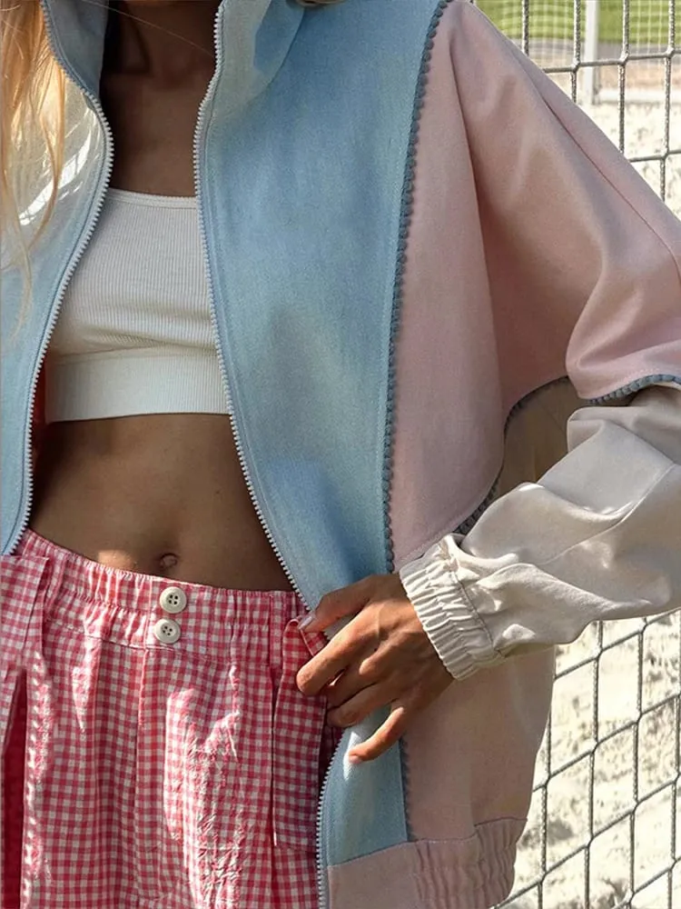 Polka Dot Cropped Windbreaker Jacket Contrast Pink Seam Piping Side Pockets Loose Outerwear 2026 Autumn Street Daily Lady Coat