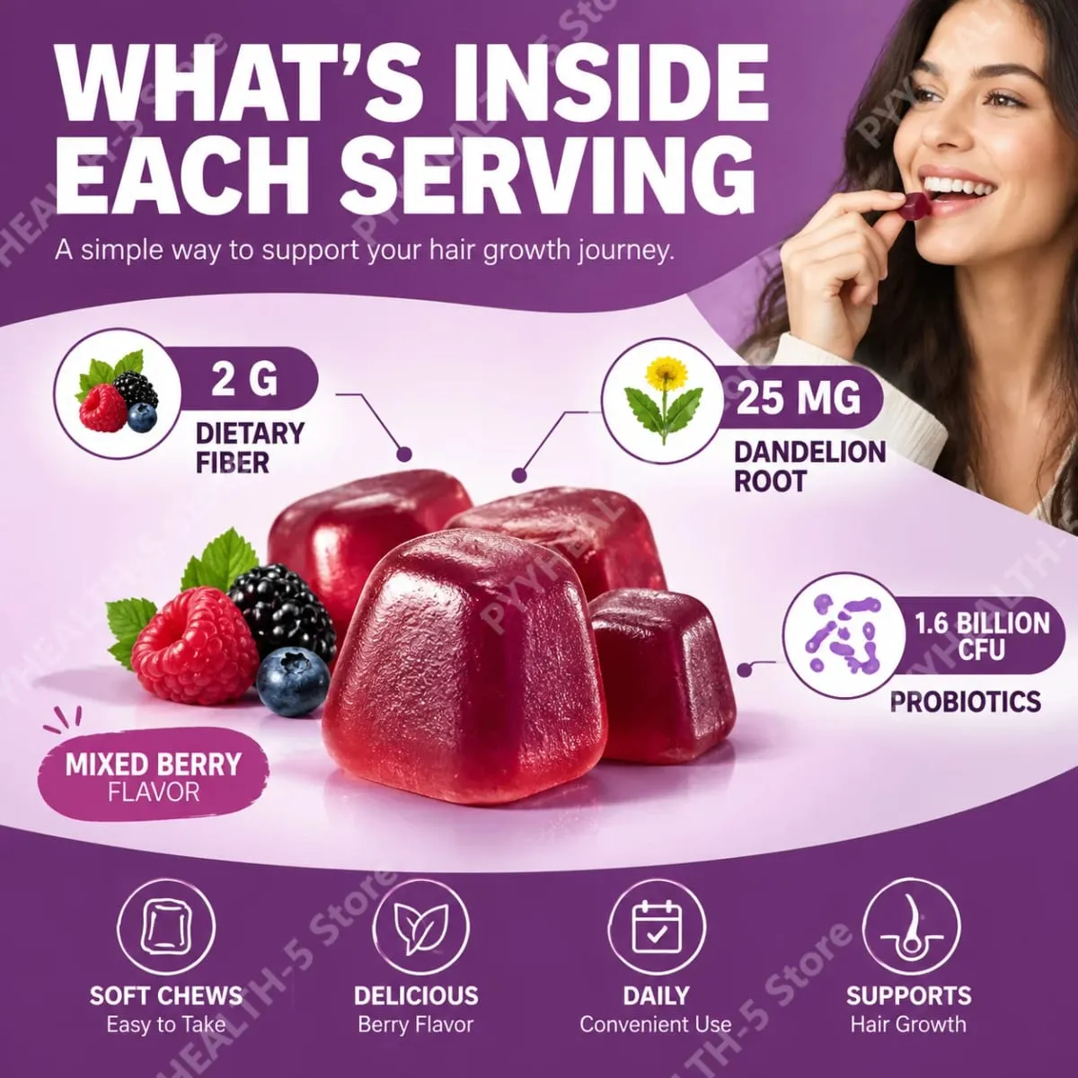 Biotin Hair Growth Soft Chews Supplement Support Fuller Thicker Hair Vitamin C & E for Healthy Hair Nourishment 60 Gummy