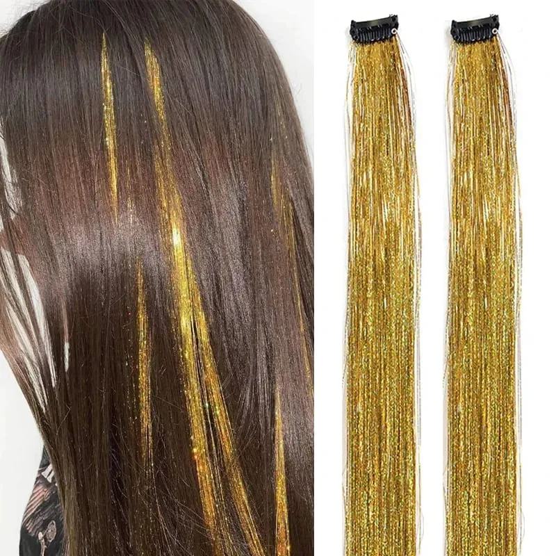 2PCS Synthetic Hair Tinsel Clip in Extensions Colored Sparkle Hair Tinsel Kit with BB Clip for Kids Girls Christmas Party Use