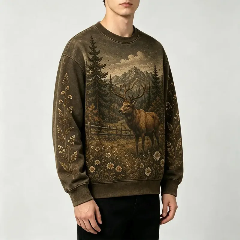 Vintage Wilderness Wildlife Graphic Crew Neck Sweatshirt Men Outdoor All Over Print Pullover Men's And Women's Casual Streetwear