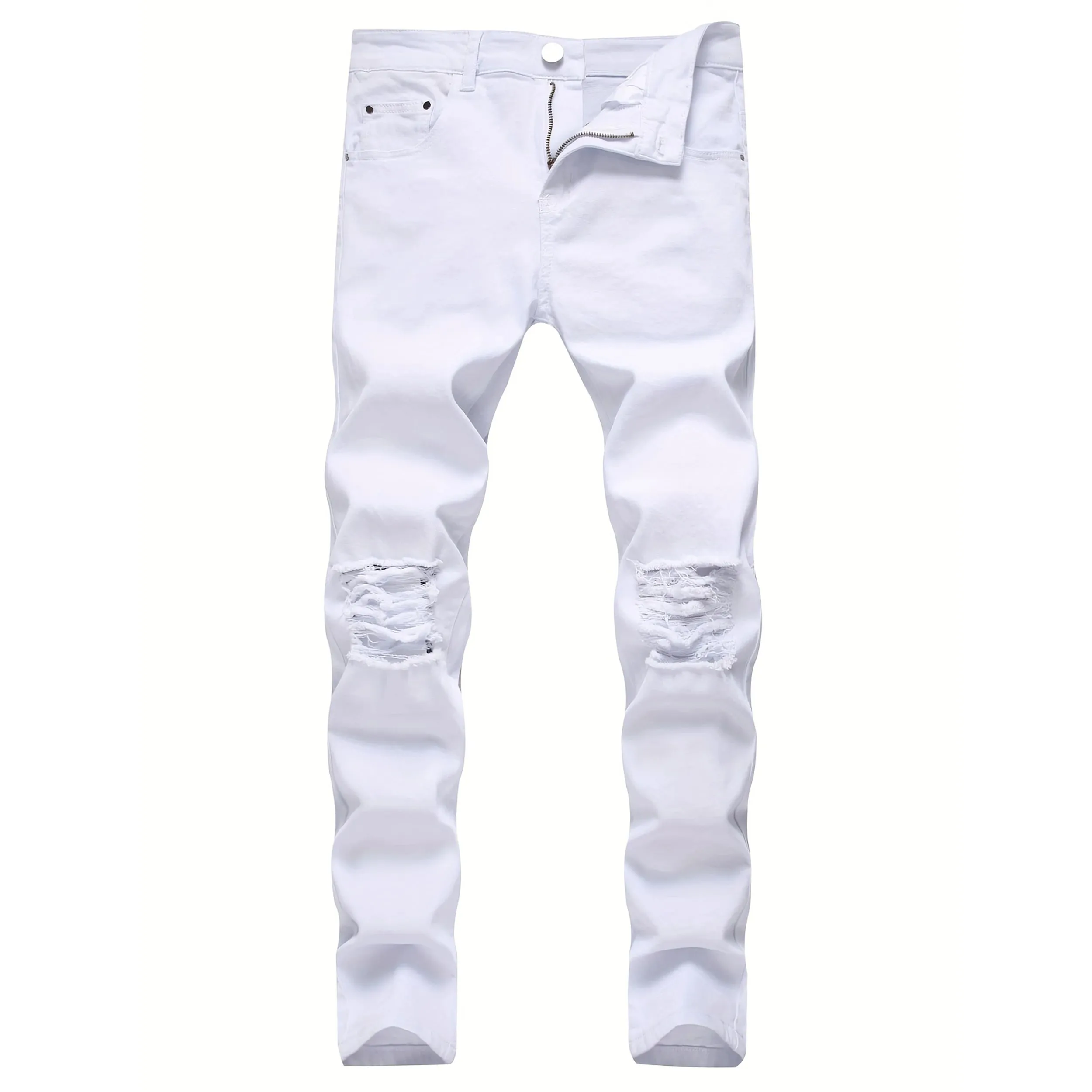 Skinny Stretch Ripped Jeans Men's Distressed Kpop Slim Fit Denim Pants American Street Style Rock Hip Hop White Black Trousers