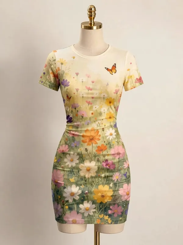 Womens Short Sleeve Bodycon Mini Dress Slim Fit Crew Neck Floral Print Casual Summer Party Flattering Lightweight Party Sundress — image 13