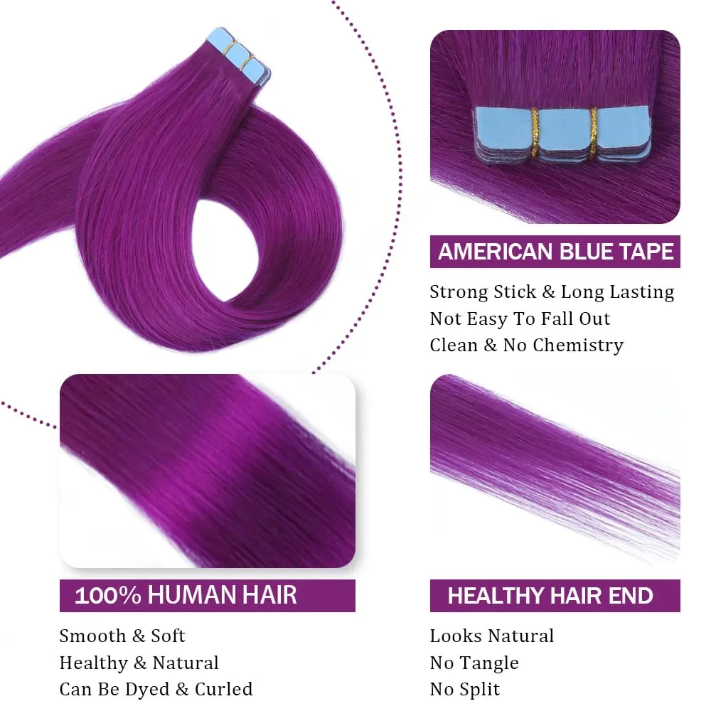 Mini Tape In Hair Extensions Human Hair Colored Skin Weft Machine-Remy Natural Tape in Extensions Purple 10pcs/pack 12-20 inch