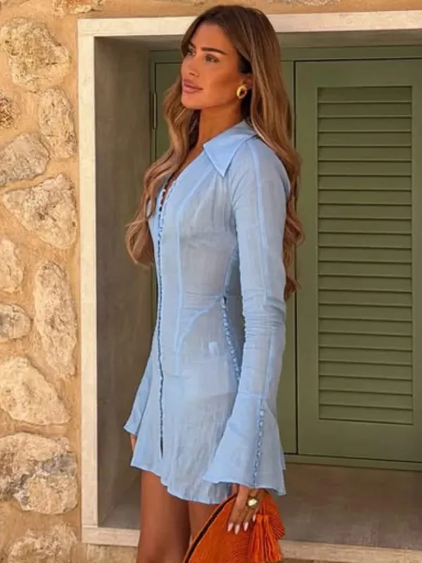 White Polka Dot Slim Fit Dress Women Solid Deep V-neck Puff Sleeves Pleated Front Button Short Dresses 2026 Lady Daily Wear New