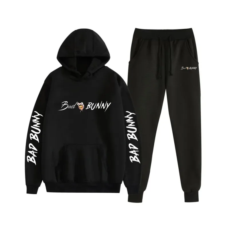 Harajuku Comfortable bad bunny Print Sweatshirt Sweatpants Suit Women's Hoodies+ Trousers Suit Boys/Girls 2 Piece Set Clothes