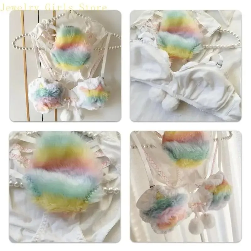 Aesthetic Rainbow Star Plush Bra and Panty Set for Women Brassiere Lingerie Furry Underwear Anime Cosplay Outfit 2 Piece