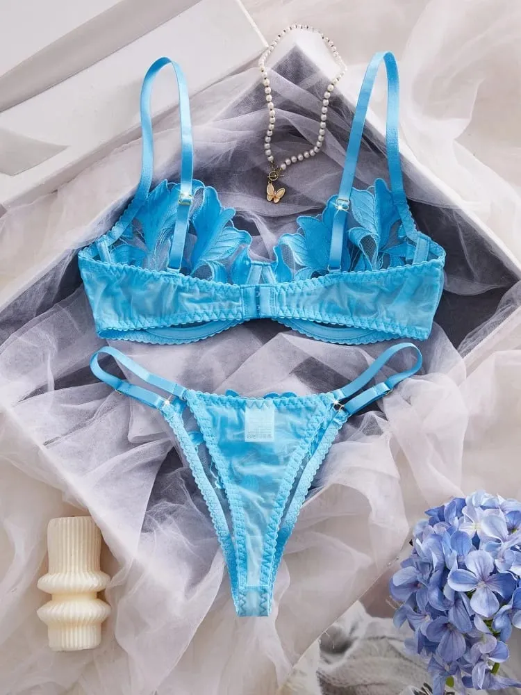 Women's Lingerie Sweety Lace Embroidery Underwear Set Blue Pure Desire Adult Underwear Fancy Transparent Intimate Lingerie Set