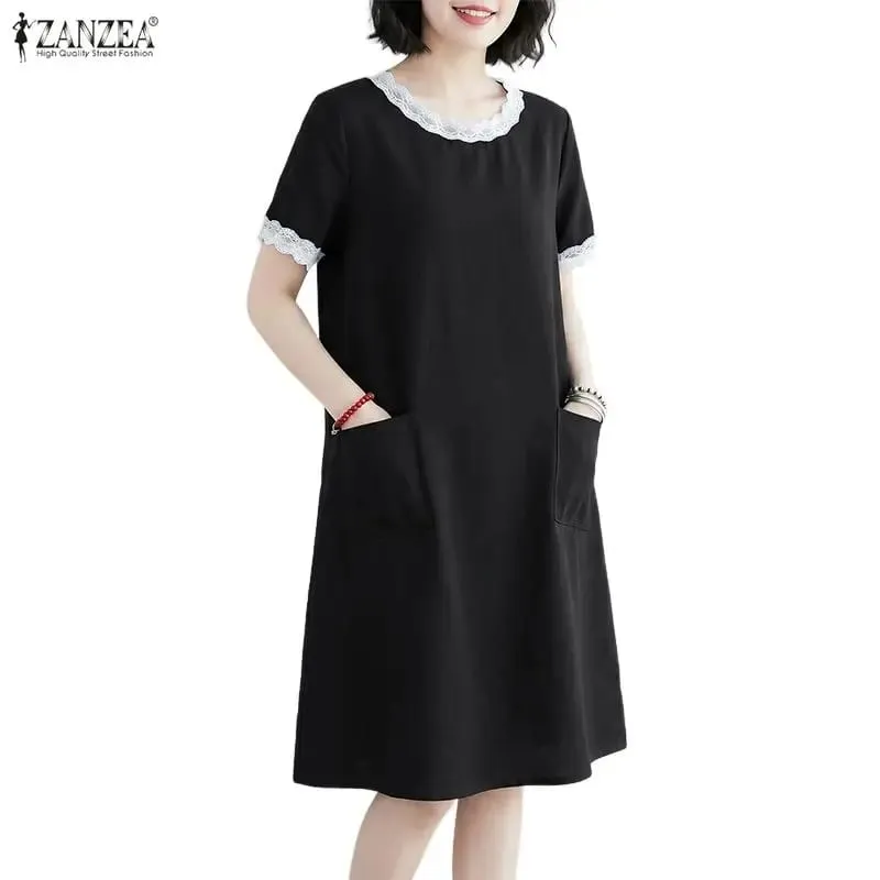 Women Summer Loose Knee-Length Dress Lace Patchwork O-Neck Short Sleeve Pockets Solid Color Dresses ZANZEA Everyday Wear Robes