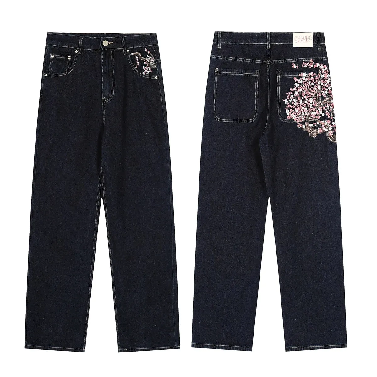 High Street Flower koi Fish Embroidery Baggy Jeans Pants for Men and Women Pantalones Hombre Straight Denim Trousers Oversized