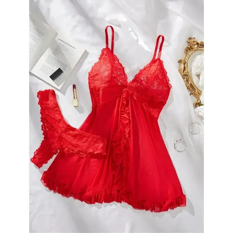 Women Lace Lingerie Set Solid Soft Slim Bra Nightdress Sexy Sleepwear For Women — image 3