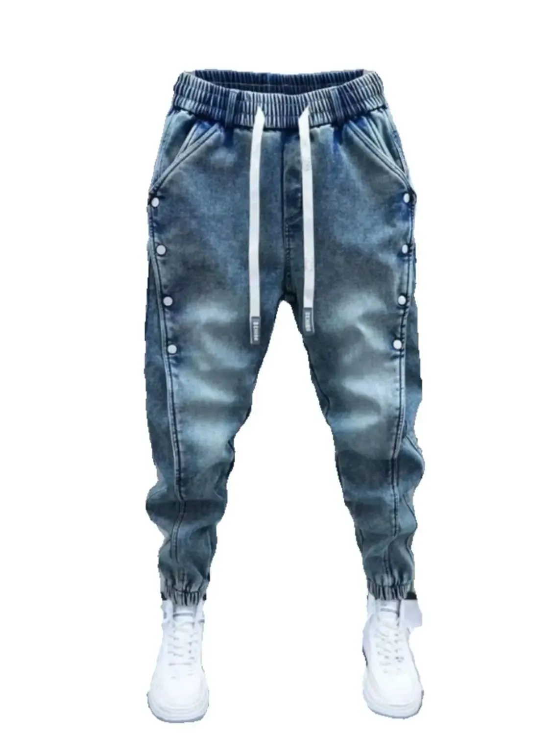 Drawstring Menswear Clothing Handsome Spring New Men's Jeans Korean Elastic Waist Buttons Decorative Fashion Harlan Pants Men — image 4