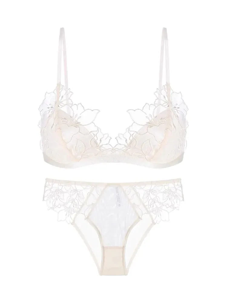 ​ Elegant French Lace Bralette Wireless Triangle Cup No Underwire Thin Straps Small Bust Women Comfort Lingerie Set BANERDANNI