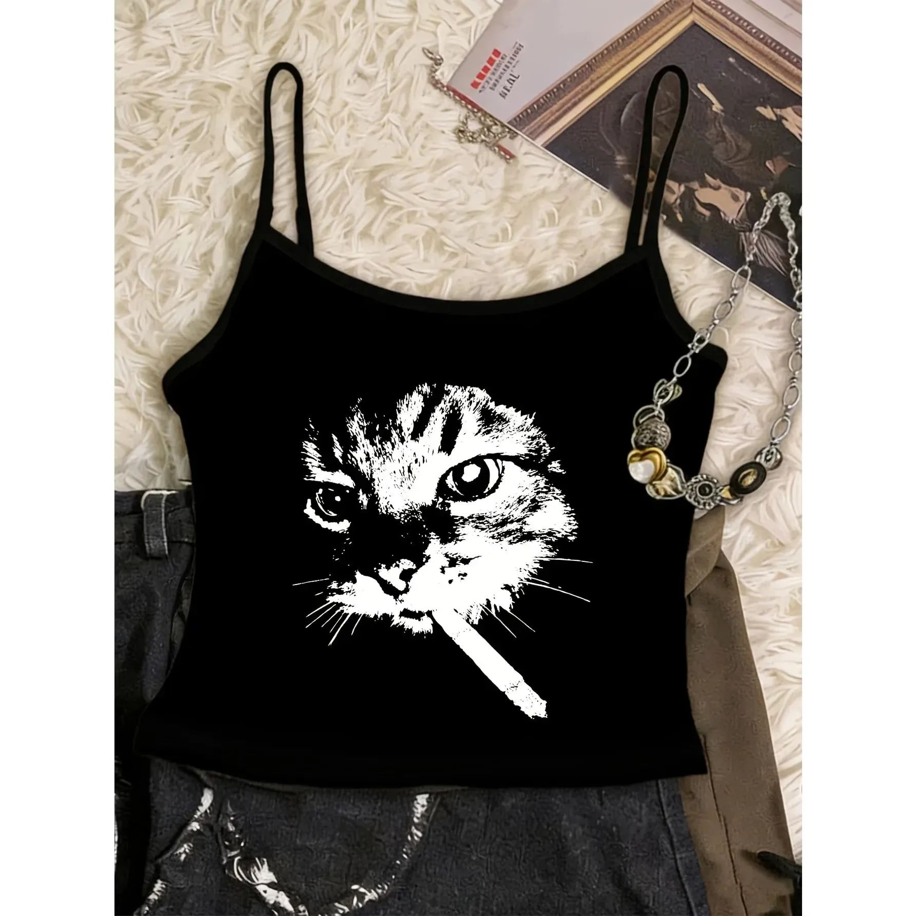 Trendy Retro Smoking Cat Print Camisole Top Y2k Style Streetwear Spring/Summer Women's Vest Graphic Crop Top Tank Top — image 7