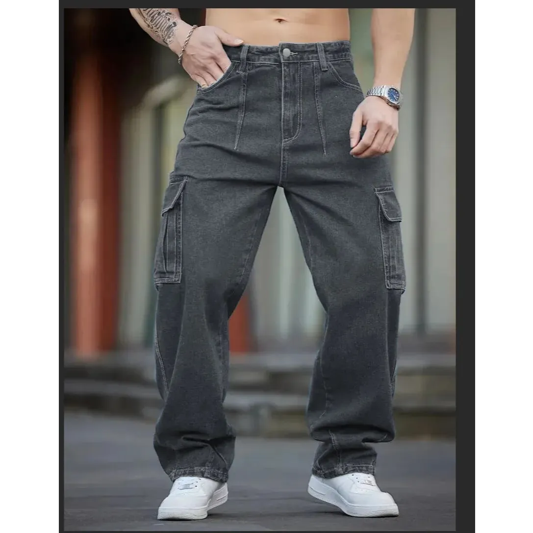 2026 New Arrival Men Cargo Jeans Multi‑Pocket Loose Wide Leg Straight Denim Pants HipHop Street Workwear Trousers