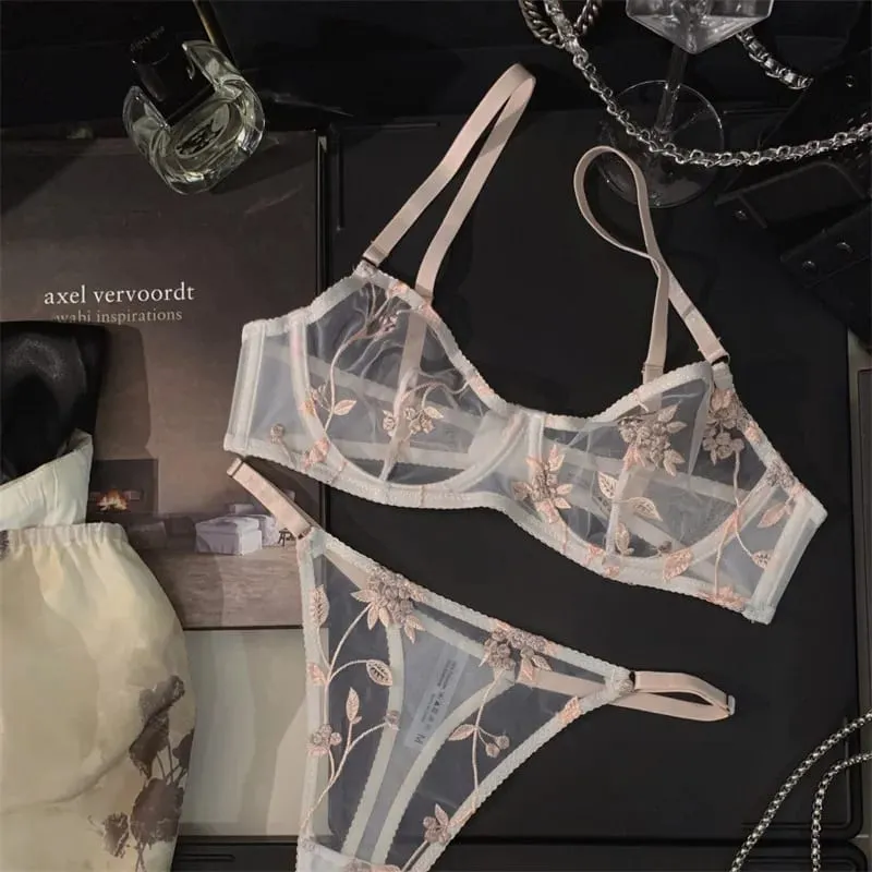 Modest European Lace Sheer Embroidery Underwire Bra Set Minimizer Anti-Sagging Support Big Bust Comfort Lingerie S-XL