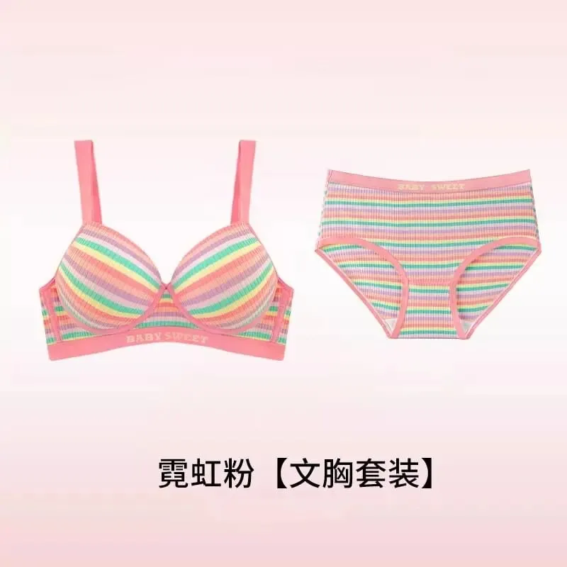 Seamless Bra Set for Women Rainbow Striped Shaping Bralette Lifting & Anti-Sagging Lingerie Small Bust Fit S-XL