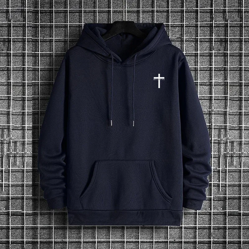 Mens Urban Hoodie 2025 High Quality Solid Color Long Sleeve Sweatshirt Casual Sporty Hooded Outerwear Jesus Cross Print Pullover — image 15