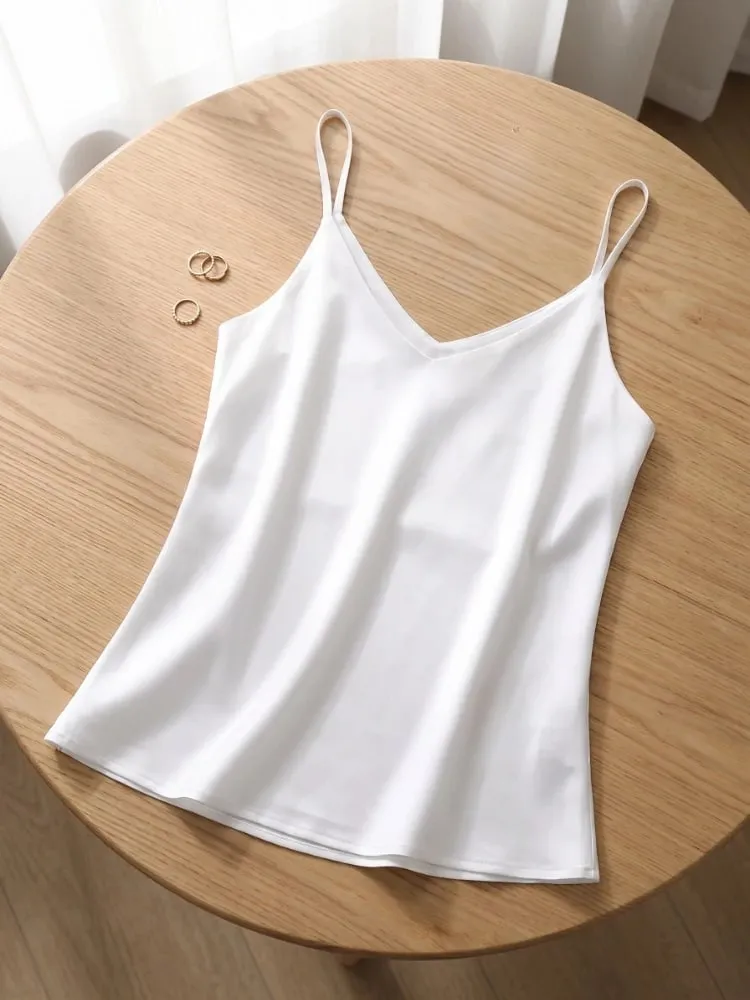 2026 Summer Spaghetti Strap Women Tank Top Halter V Neck Basic White Cami Sleeveless Satin Silk Tops Women'S Camisole