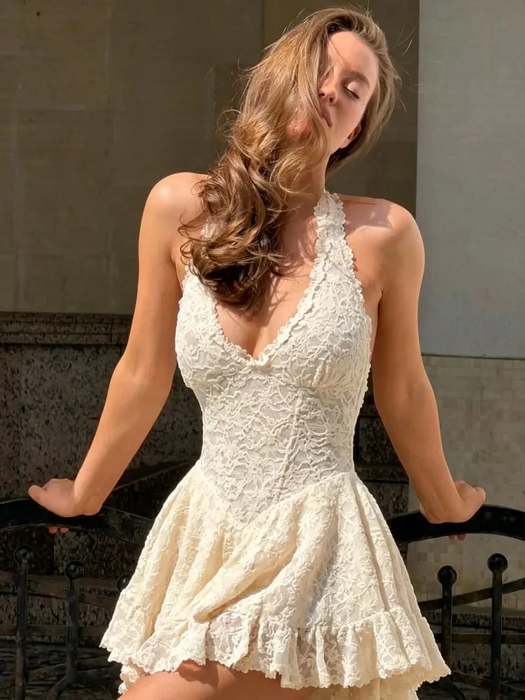 Ivory White Halter‑Neck Lace Mini Dress Women Deep V‑Neck Backless Fitted Waist Flared Hem Vestido Birthday Date Holiday Gown — image 5