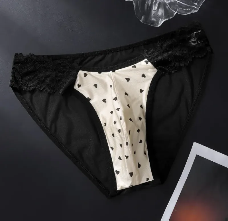 Men's Satin French Lace Briefs Exotic Male Mesh Transparent Lingerie 3D U Convex Panties Breathable Ice Silk Seemless Underwear