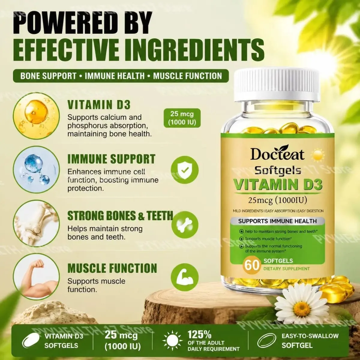 Docteat Vitamin D3 Softgels Supports Immune Health Helps Maintain Bones and Teeth for Adult Daily Requirement 60 Softgels
