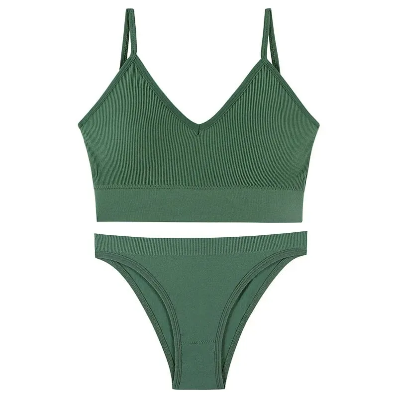 Women Seamless Ribbed Bra Set Wireless Deep V Bralette Top Panties Two Piece Lingerie Set Sport Fitness Underwear