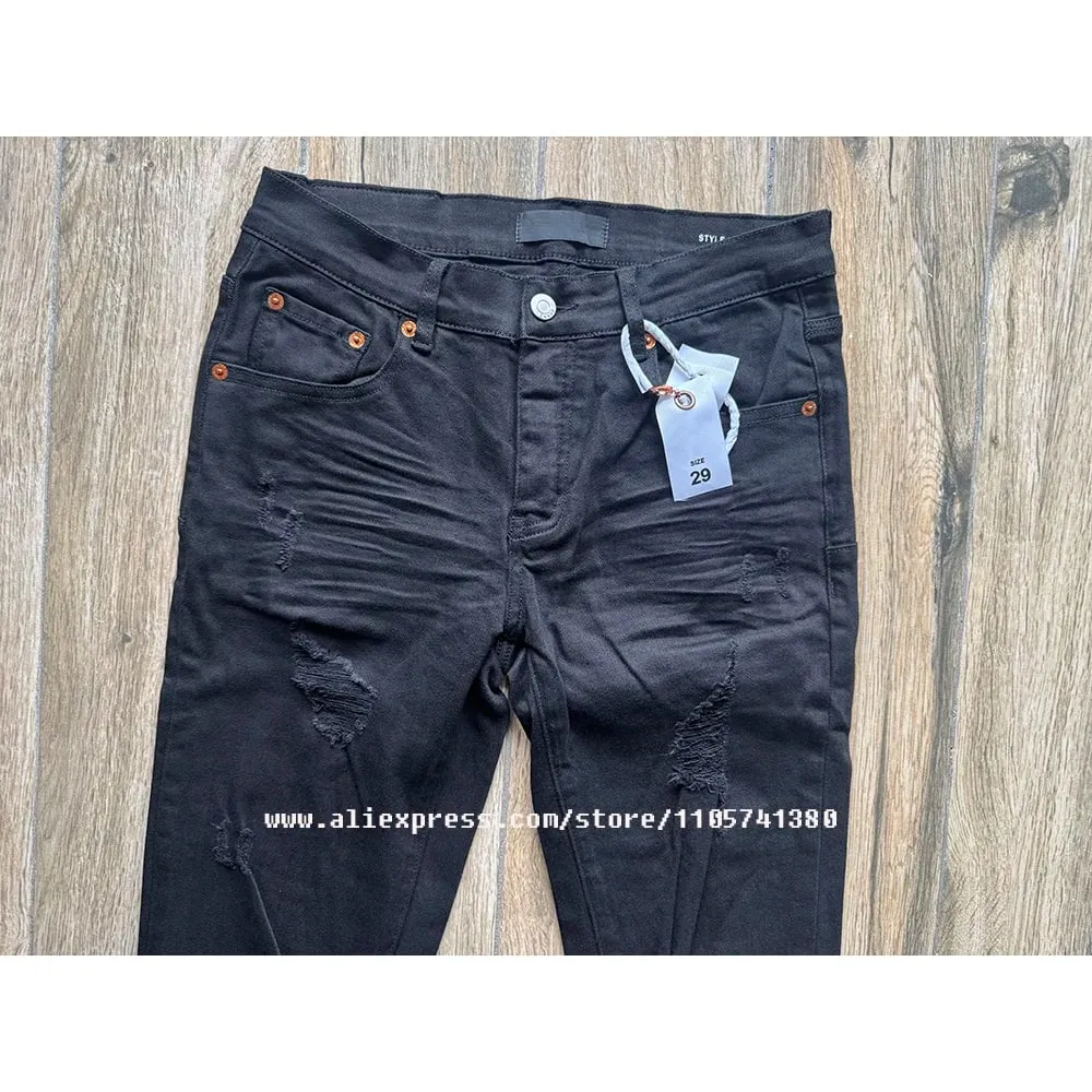 Men's High Street American Fashion Style Jeans Distressed Black Damaged Holes Stretch Skinny Button Fly Ripped Jeans