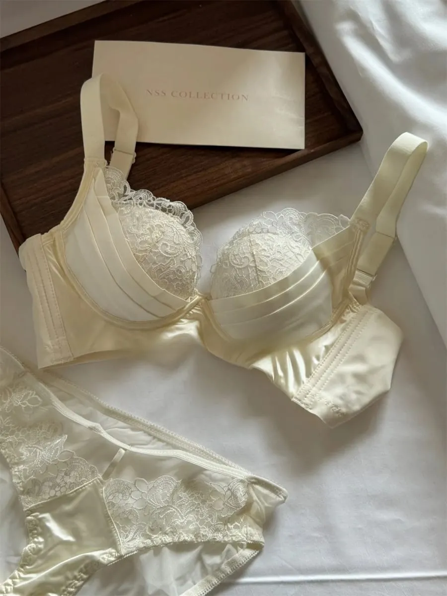 Gathering cup underwear thin glossy back bra anti-sagging lingerie support large breasts show small bra set