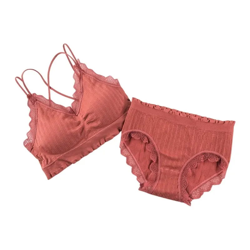 1Set Casual Lace Women Seamless Bra Set V-Neck Breathable Lingerie Set Comfortable with Bra Pads Underwear Set