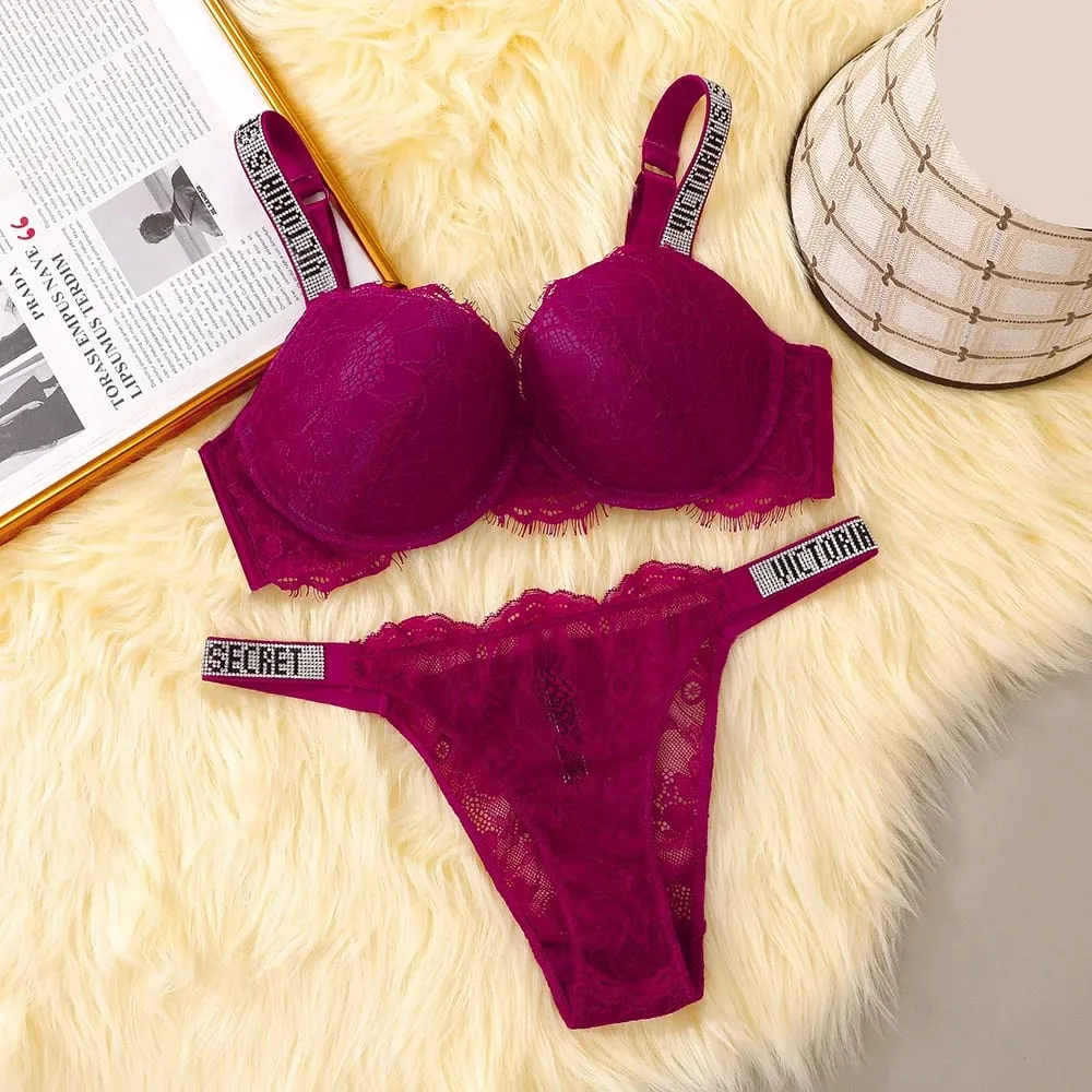 Victoria Secret Sexy Lingerie Set Very Sexy Eyelash Lace Fringe Trim Push Up Bra Shine Script Thong Panty Women
