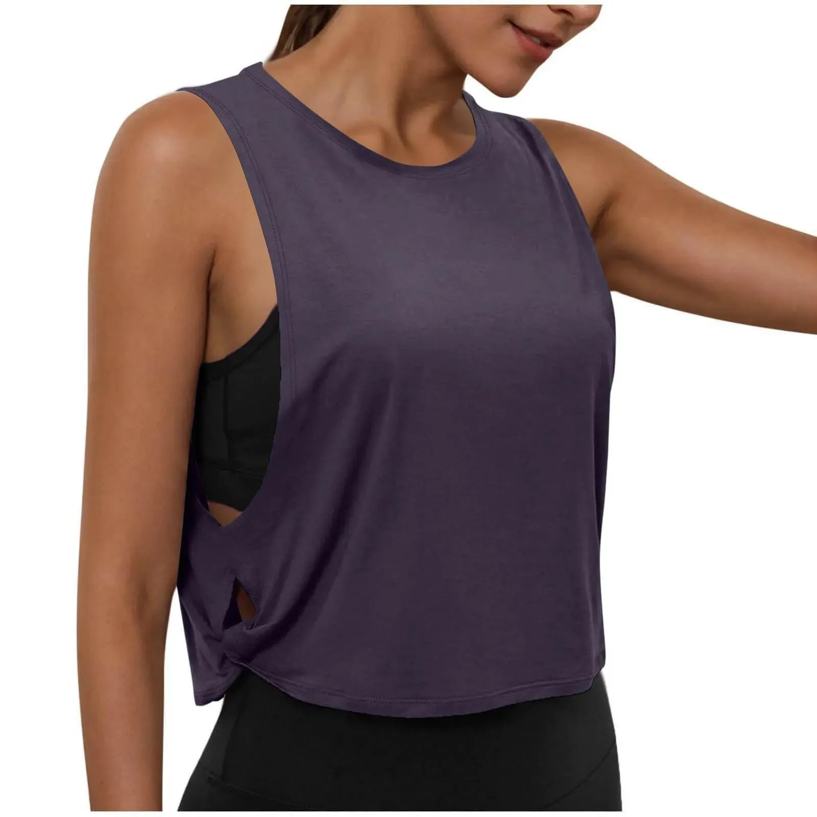 Women Sleeveless Yoga Tops Running Short Tank Crop Top Athletic Vest Breathable Blouse Cover Up Gym Workout Cool T-Shirt