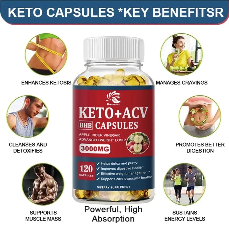Greensure Keto Viên nang giấm táo ACV với rượu táo Keto bổ sung Công thức hương vị táo cho nam và nữ